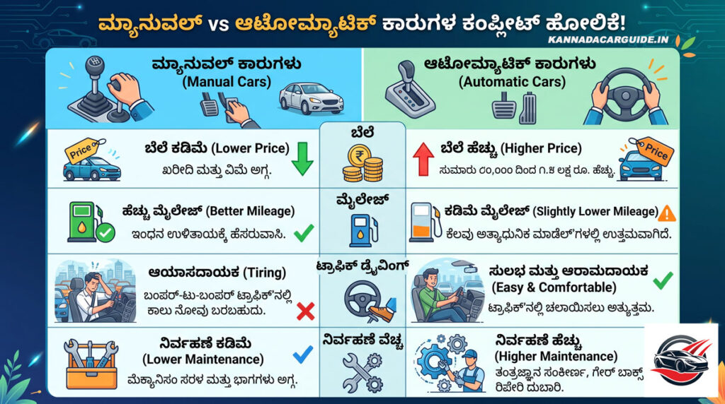 Manual vs Automatic car comparison chart Kannada.Automatic vs Manual